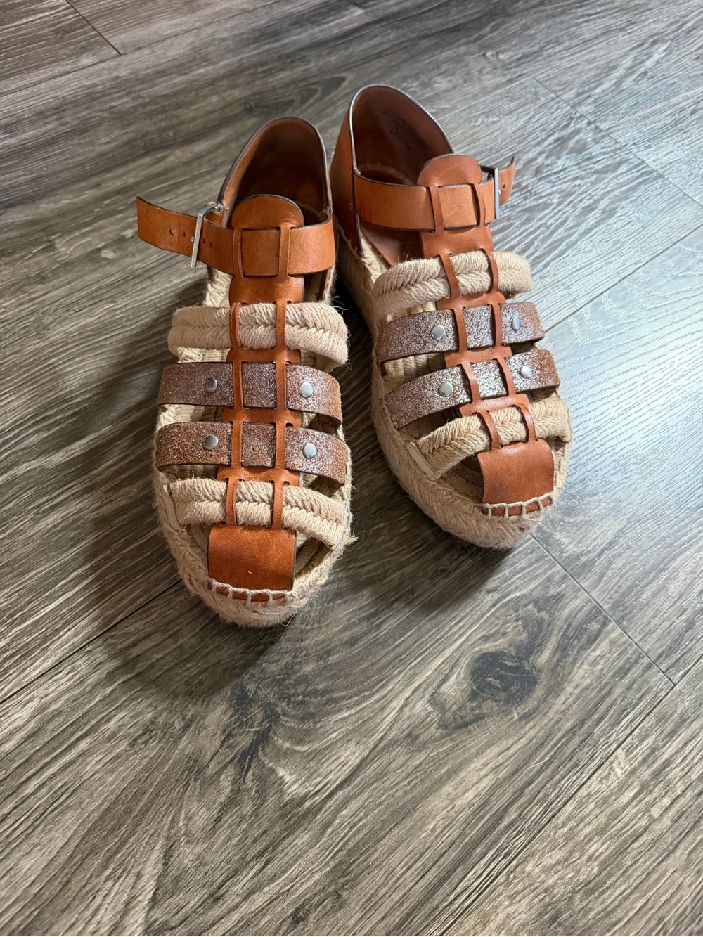 Tory Burch Tan Leather & Rope Espadrille Sandals